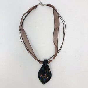 HANDMADE LAMPWORK GLASS PENDANT NECKLACE BOHO BLACK ART GLASS BRONZE SPIRAL 16"